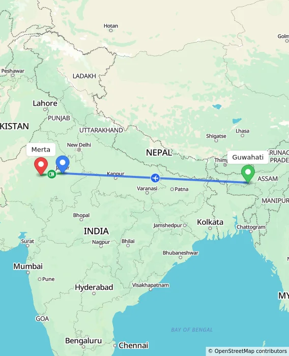 Route map showing distance and travel time from Guwahati, India to Merta, India