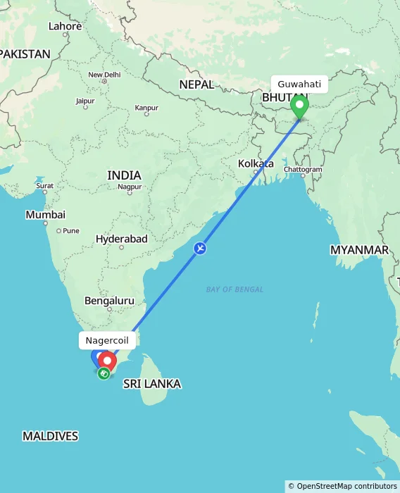 Route map showing distance and travel time from Guwahati, India to Nagercoil, India