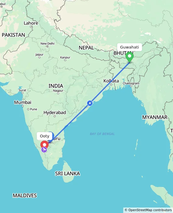 Route map showing distance and travel time from Guwahati, India to Ooty, India