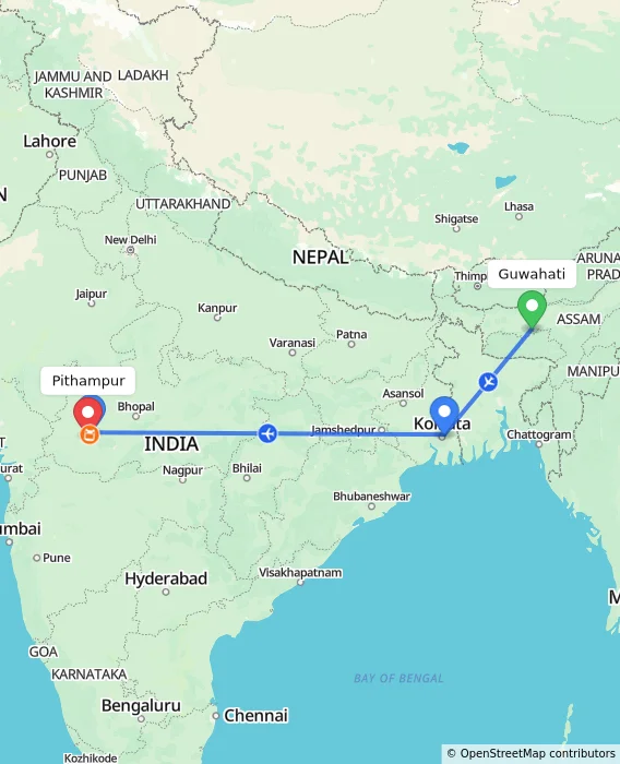 Route map showing distance and travel time from Guwahati, India to Pithampur, India