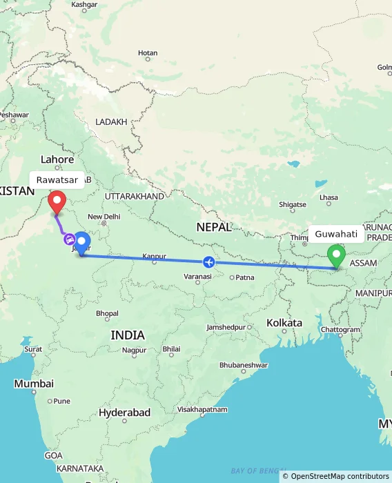 Route map showing distance and travel time from Guwahati, India to Rawatsar, India
