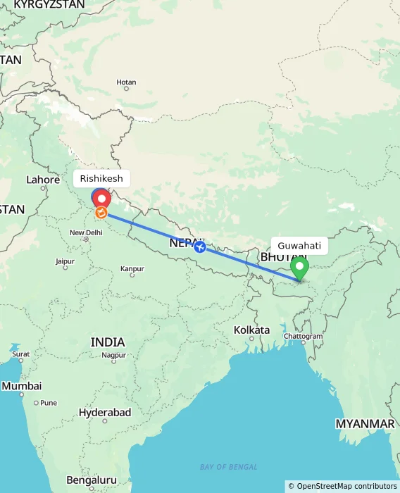 Route map showing distance and travel time from Guwahati, India to Rishikesh, India