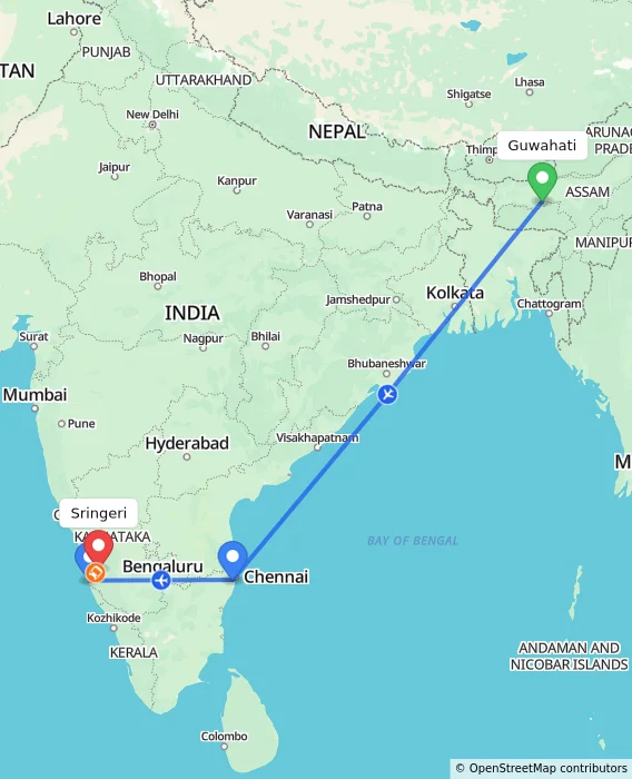 Route map showing distance and travel time from Guwahati, India to Sringeri, India