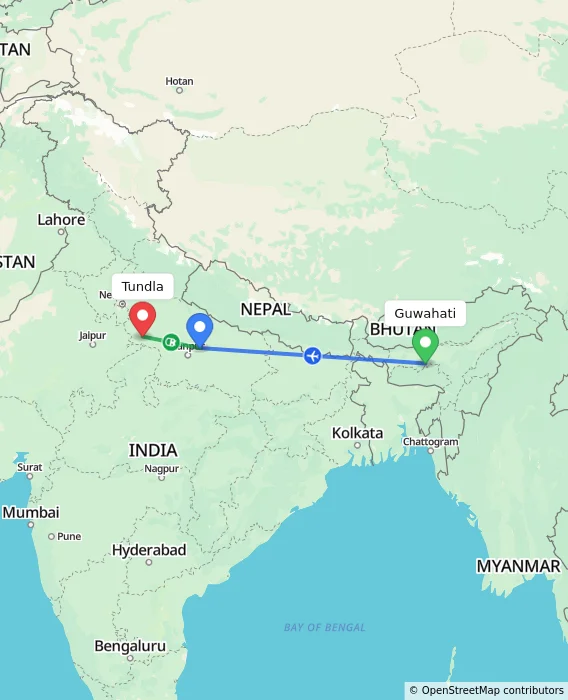 Route map showing distance and travel time from Guwahati, India to Tundla, India