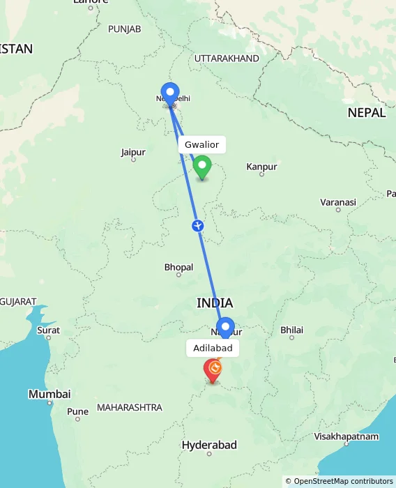 Route map showing distance and travel time from Gwalior, India to Adilabad, India