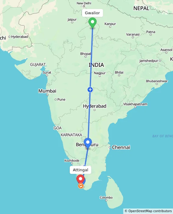 Route map showing distance and travel time from Gwalior, India to Attingal, India