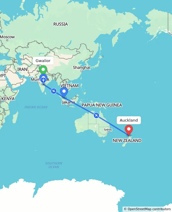 Route map showing distance and travel time from Gwalior, India to Auckland, New Zealand