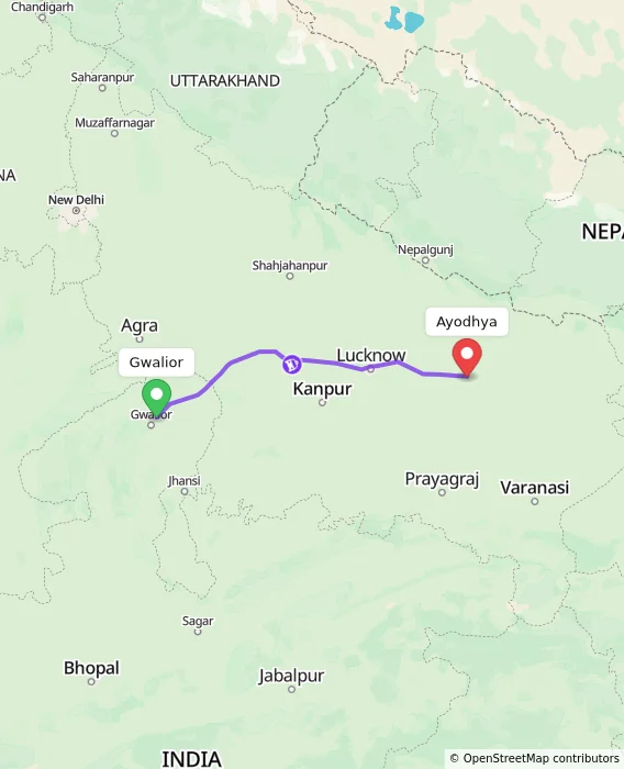 Route map showing distance and travel time from Gwalior, India to Ayodhya, India