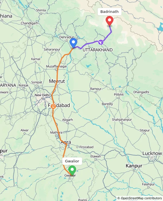 Route map showing distance and travel time from Gwalior, India to Badrinath, India