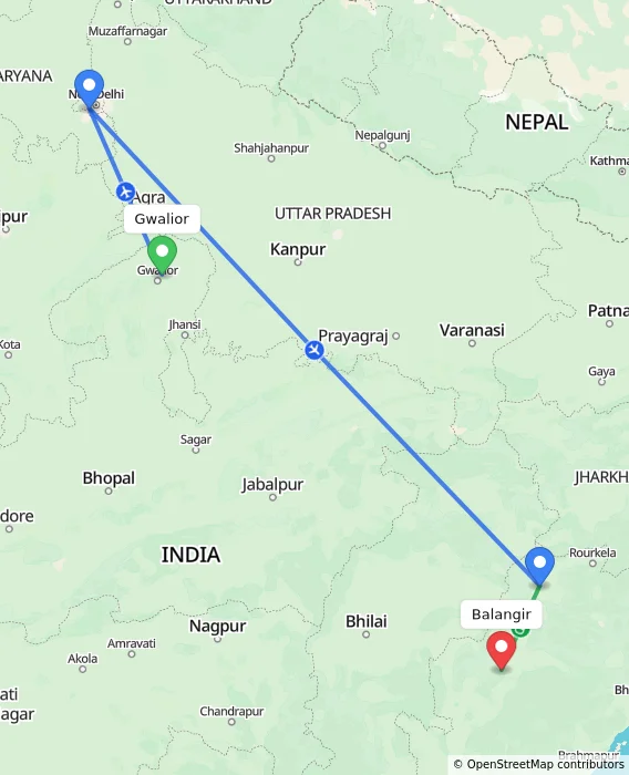 Route map showing distance and travel time from Gwalior, India to Balangir, India