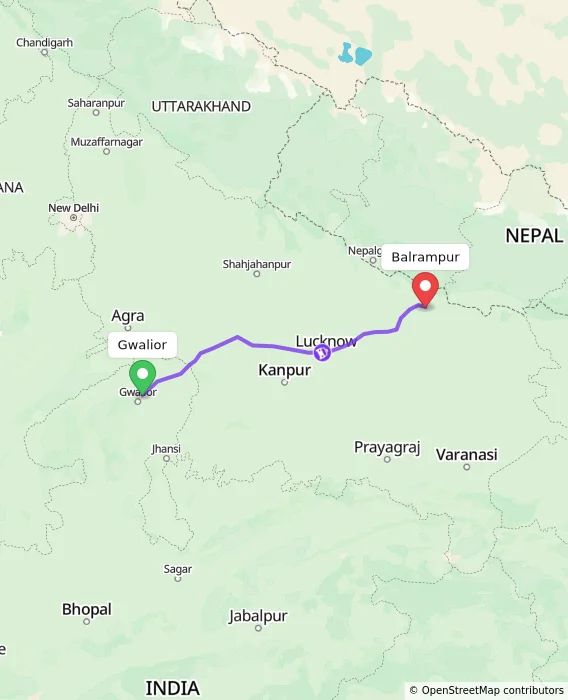 Route map showing distance and travel time from Gwalior, India to Balrampur, India