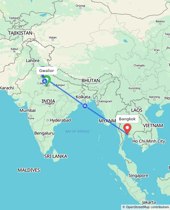 Route map showing distance and travel time from Gwalior, India to Bangkok, Thailand