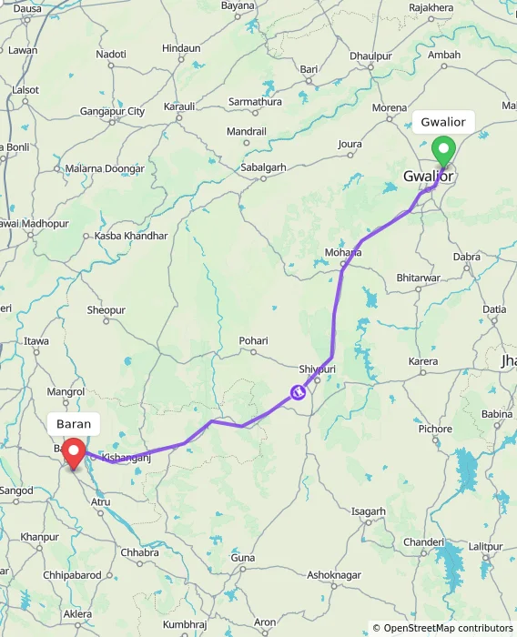 Route map showing distance and travel time from Gwalior, India to Baran, India