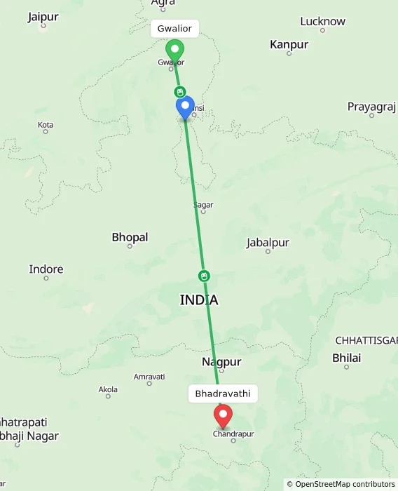 Route map showing distance and travel time from Gwalior, India to Bhadravathi, India