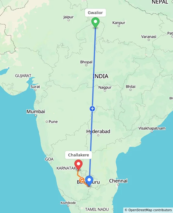 Route map showing distance and travel time from Gwalior, India to Challakere, India