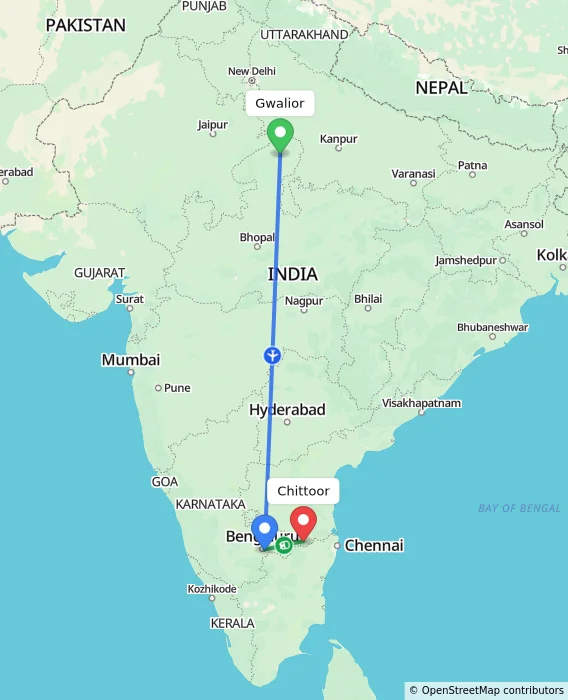 Route map showing distance and travel time from Gwalior, India to Chittoor, India