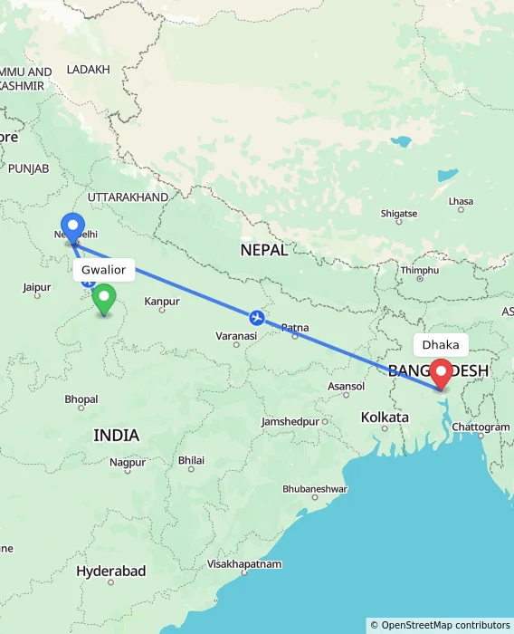Route map showing distance and travel time from Gwalior, India to Dhaka, Bangladesh