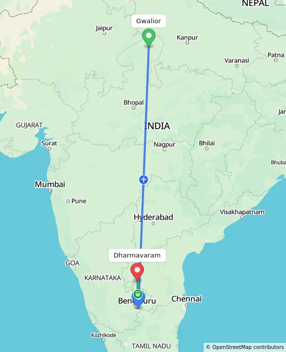 Route map showing distance and travel time from Gwalior, India to Dharmavaram, India