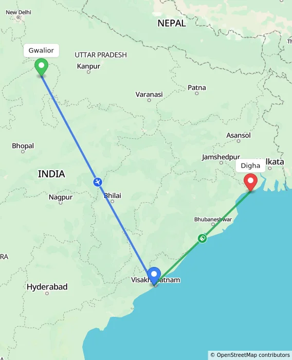 Route map showing distance and travel time from Gwalior, India to Digha, India