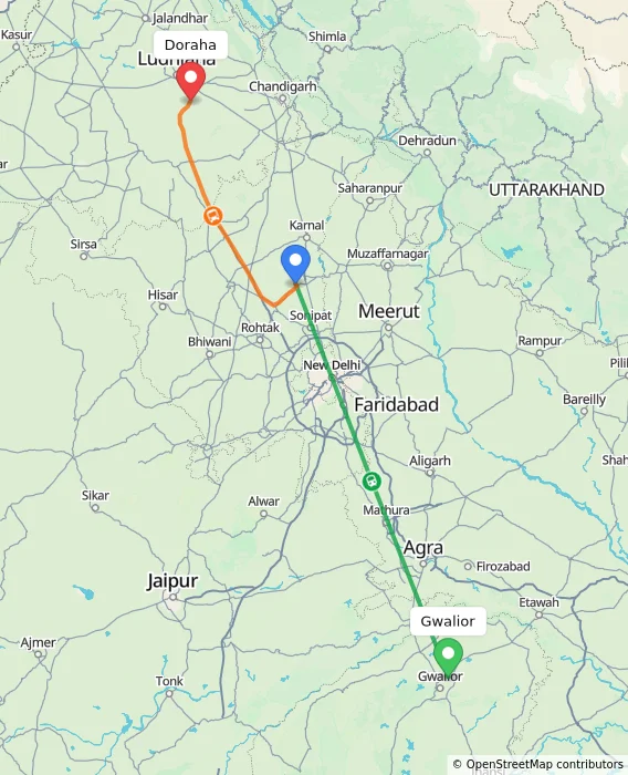 Route map showing distance and travel time from Gwalior, India to Doraha, India
