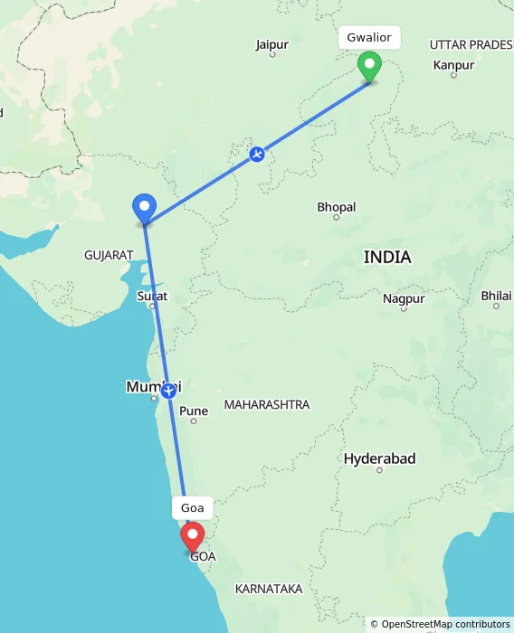 Route map showing distance and travel time from Gwalior, India to Goa, India
