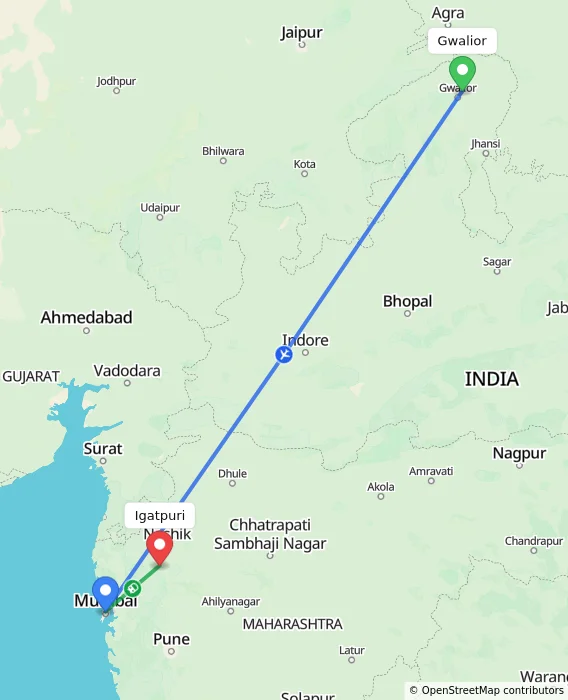 Route map showing distance and travel time from Gwalior, India to Igatpuri, India