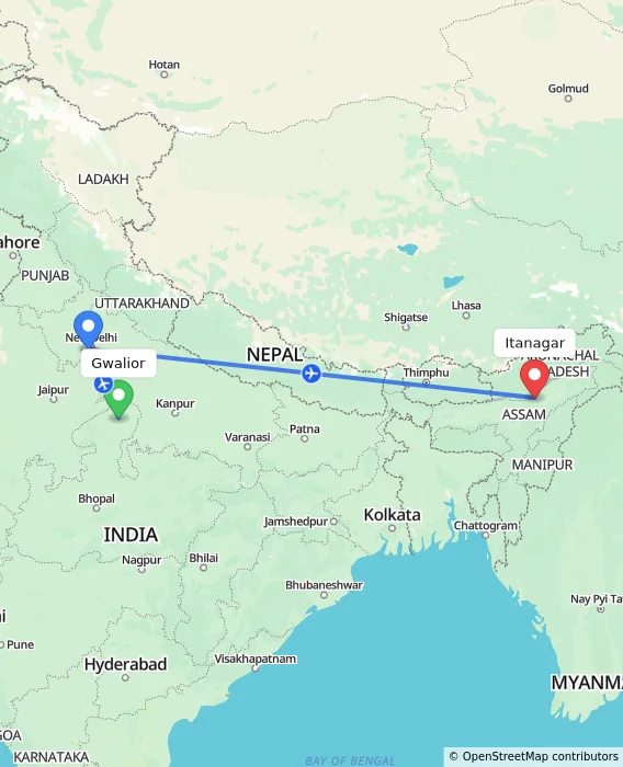 Route map showing distance and travel time from Gwalior, India to Itanagar, India