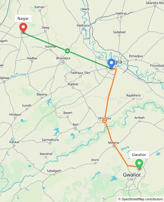 Route map showing distance and travel time from Gwalior, India to Nagar, India