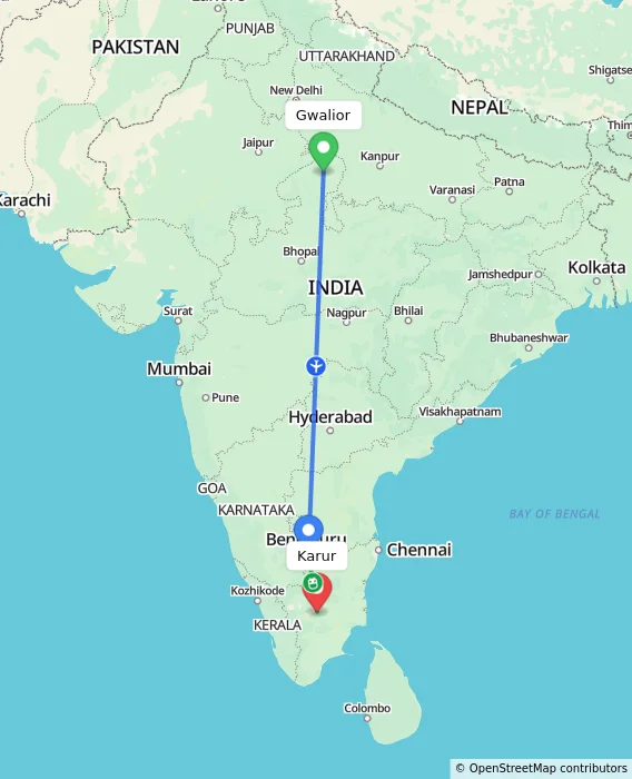 Route map showing distance and travel time from Gwalior, India to Karur, India