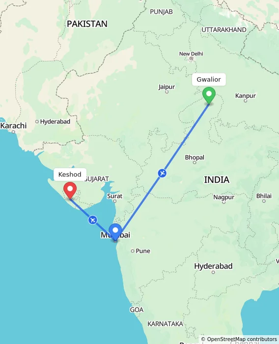 Route map showing distance and travel time from Gwalior, India to Keshod, India