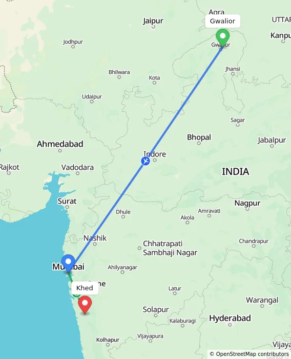 Route map showing distance and travel time from Gwalior, India to Khed, India