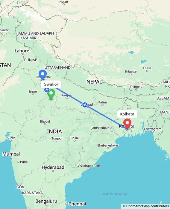 Route map showing distance and travel time from Gwalior, India to Kolkata, India