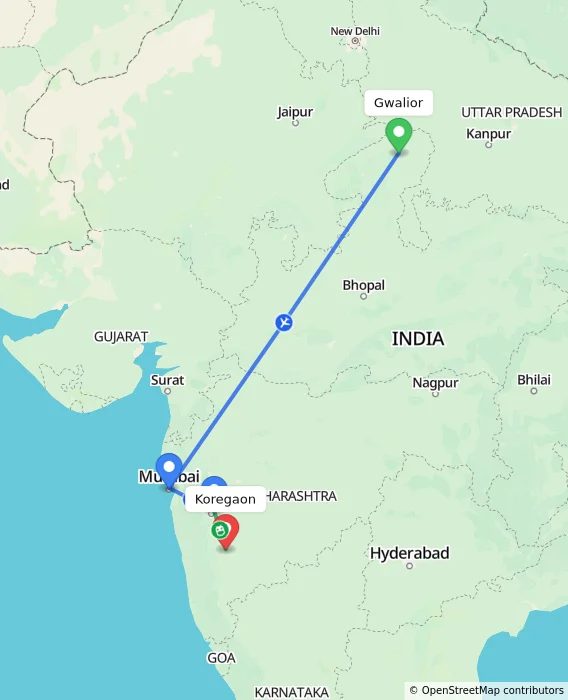 Route map showing distance and travel time from Gwalior, India to Koregaon, India