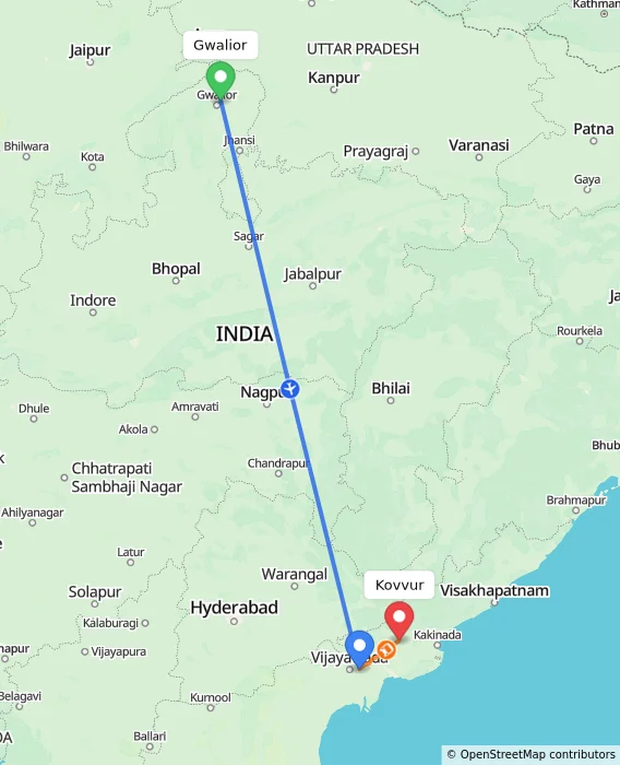 Route map showing distance and travel time from Gwalior, India to Kovvur, India