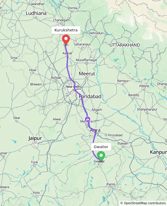 Route map showing distance and travel time from Gwalior, India to Kurukshetra, India