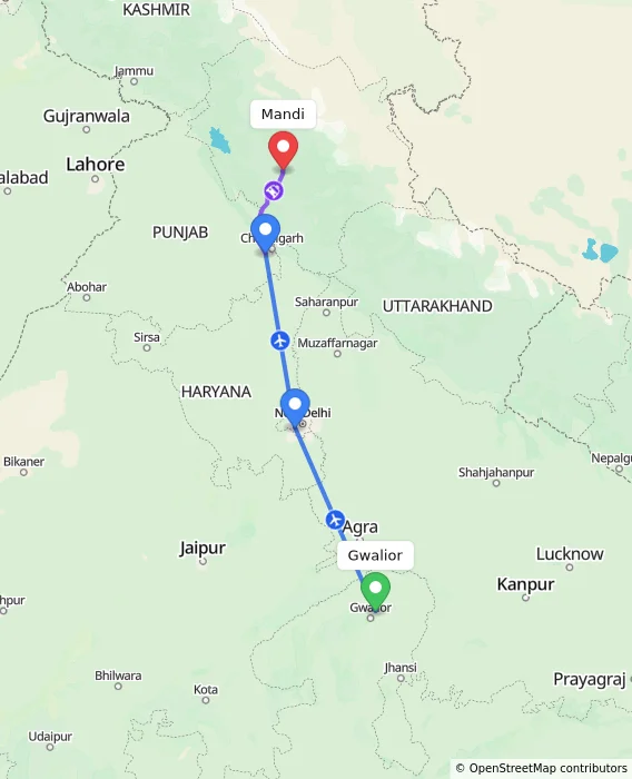 Route map showing distance and travel time from Gwalior, India to Mandi, India