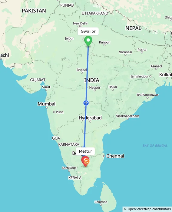 Route map showing distance and travel time from Gwalior, India to Mettur, India