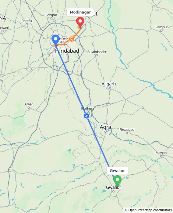 Route map showing distance and travel time from Gwalior, India to Modinagar, India