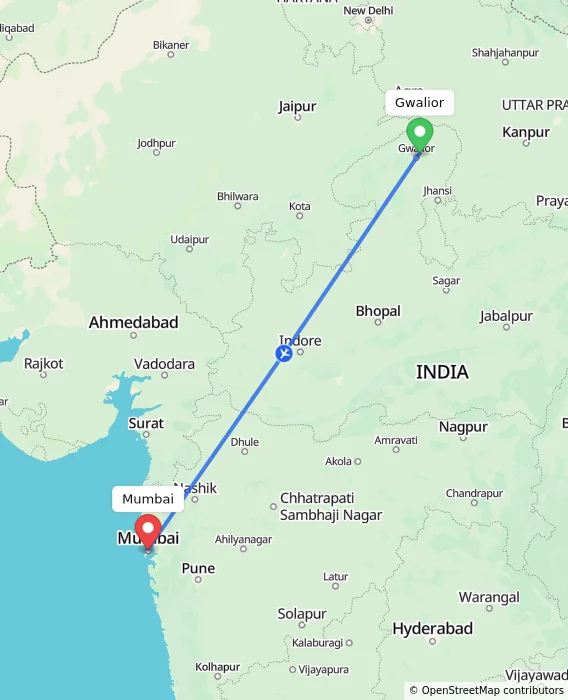 Route map showing distance and travel time from Gwalior, India to Mumbai, India