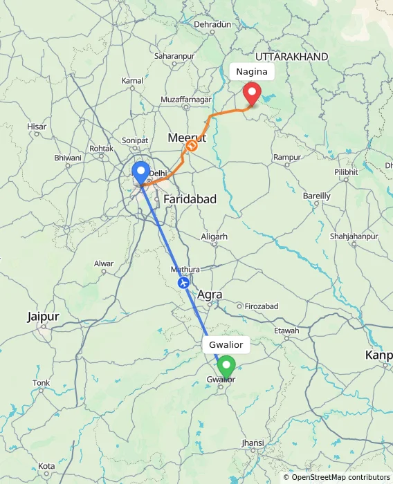 Route map showing distance and travel time from Gwalior, India to Nagina, India