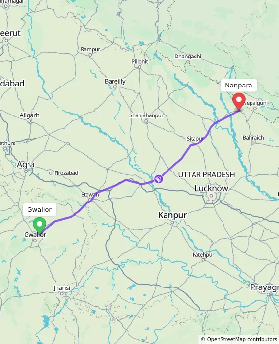 Route map showing distance and travel time from Gwalior, India to Nanpara, India