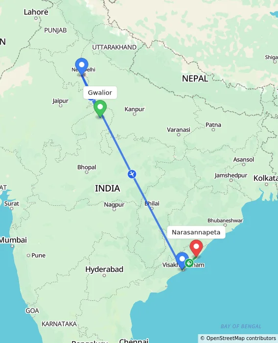 Route map showing distance and travel time from Gwalior, India to Narasannapeta, India