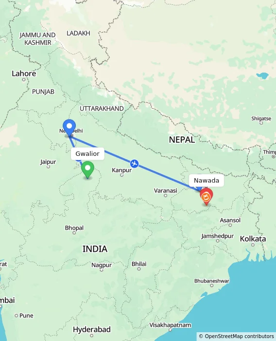Route map showing distance and travel time from Gwalior, India to Nawada, India