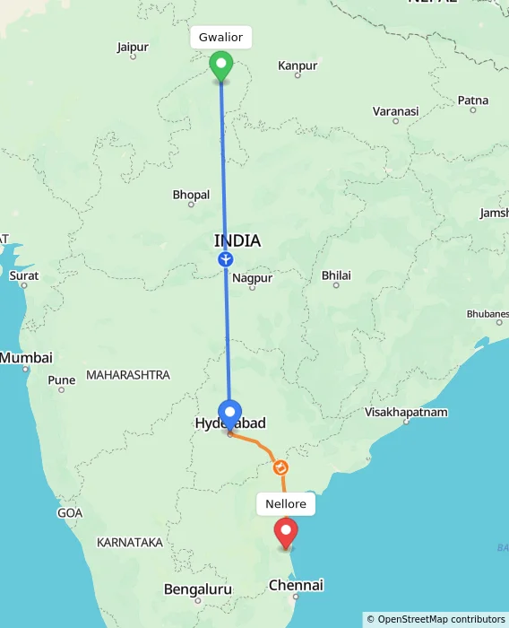 Route map showing distance and travel time from Gwalior, India to Nellore, India