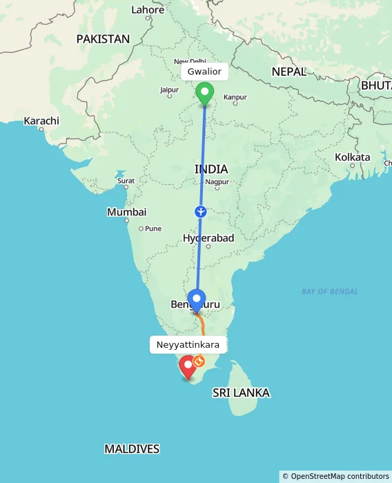 Route map showing distance and travel time from Gwalior, India to Neyyattinkara, India