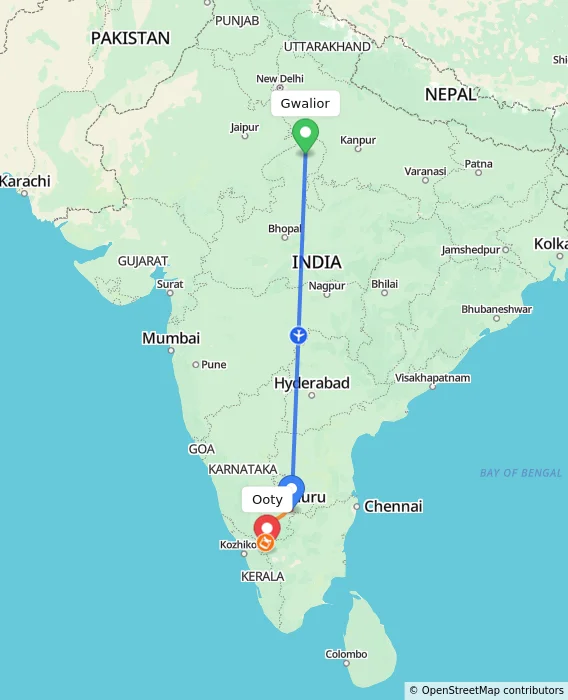 Route map showing distance and travel time from Gwalior, India to Ooty, India