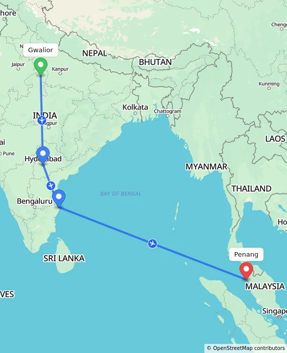 Route map showing distance and travel time from Gwalior, India to Penang, Malaysia