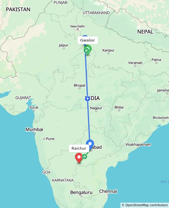 Route map showing distance and travel time from Gwalior, India to Raichur, India