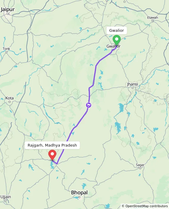 Route map showing distance and travel time from Gwalior, India to Rajgarh, Madhya Pradesh, India