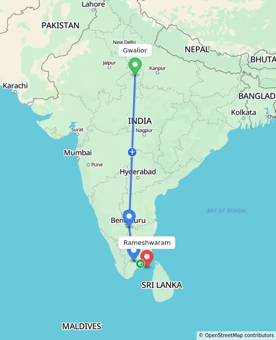 Route map showing distance and travel time from Gwalior, India to Rameshwaram, India